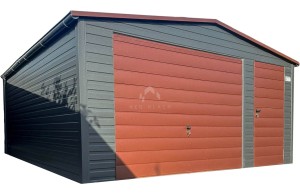 Garaż blaszany 5x6m - Brama uchylna - drzwi - ciemny brąz - antracyt - rynny - dach dwuspadowy NB379