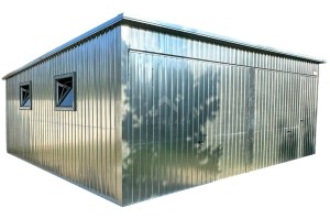 Garaż blaszany 6x6m - 2x brama uchylna - 2x okno - drzwi - ocynk - dach spad w tył NB380