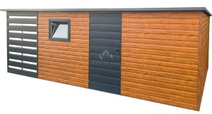 Schowek - Domek ogrodowy 5x3,5m + wiata 1,5m - drzwi - okno - jasny orzech - drewnopodobny - antracyt - Dach spad w tył NB390