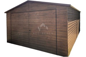 Garaż Blaszany 4x6m Brama Dwuskrzydłowa - Drewnopodobny - Ciemny orzech - Dach Dwuspadowy NB96