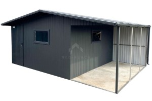 Garaż blaszany - Domek ogrodowy - Schowek 4x6m + Wiata 2x6m - Drzwi - 2x Okno - Antracyt - Rynny - Dach dwuspadowy NB442