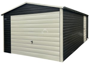 Garaż blaszany 3,5x5m Brama uchylna - drzwi - sosna norweska - drewnopodobny - biały - rynny - dach dwuspadowy NB444