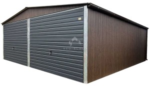 Garaż blaszany 6x5,8m - 2x Brama uchylna - Ciemny orzech - drewnopodobny - antracyt - rynny - dach dwuspadowy NB447