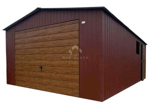 Garaż blaszany 4,5x6m - brama uchylna - drzwi - okno - jasny brąz - drewnopodobny - dach dwuspadowy NB453