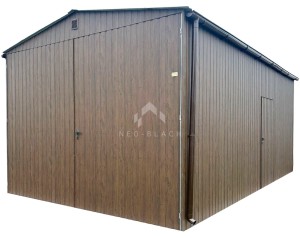 Garaż blaszany 4x6m - brama dwuskrzydłowa - drzwi - ciemny orzech - drewnopodobny - dach dwuspadowy NB454