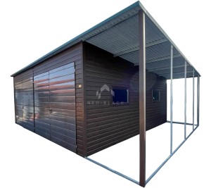 Garaż blaszany 7x6m + wiata 1,6m - 2x Brama dwuskrzydłowa - 2x okno - Ciemny orzech - drewnopodobny - dach spad w tył NB455