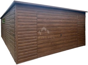 Garaż blaszany 5x6m - brama uchylna - drzwi - okno - ciemny orzech - drewnopodobny - dach spad w tył  NB462