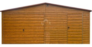 Garaż blaszany 6,2x6m - brama uchylna - drzwi - jasny orzech - drewnopodobny - rynna - dach dwuspadowy  NB463