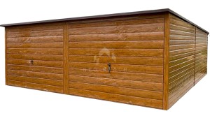 Garaż blaszany 6x6m - 2x brama uchylna - jasny orzech - drewnopodobny - rynna - dach spad w tył NB446