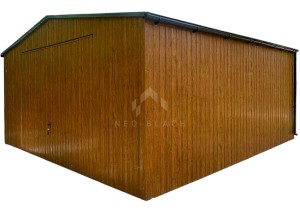 Garaż blaszany 6x6m - brama uchylna - jasny orzech - drewnopodobny - rynny - dach dwuspadowy  NB465