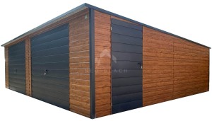 Garaż blaszany 8,5x6m - 2x brama uchylna - drzwi - okno - jasny orzech - drewnopodobny - antracyt - dach dwuspadowy NB466