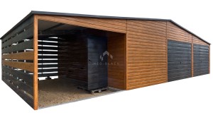 Garaż blaszany 10,5x6m - wiata 4,5m - 2x brama uchylna - drzwi - jasny orzech - sosna norweska - jasny orzech - drewnopodobny - dach dwuspadowy NB468