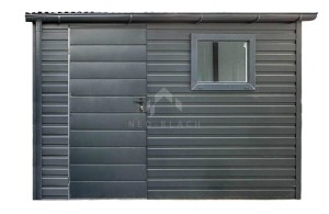 Schowek - domek ogrodowy 3,5x1,2m - 2x drzwi - okno - antracyt - dach spad w przód - rynna NB476