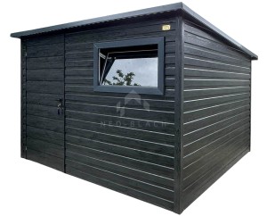 Schowek - domek ogrodowy 3x2m - drzwi - okno - sosna norweska - drewnopodobny - dach spad w tył - rynna  NB480