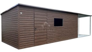 Schowek - domek ogrodowy 6x3m - wiata 3m - drzwi - otwór na okno - ciemny orzech - drewnopodobny - dach spad w bok  NB485