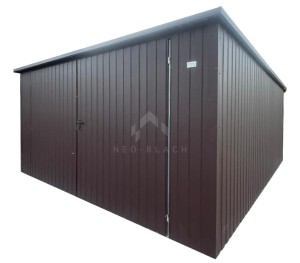 Garaż blaszany 5x5m - brama dwuskrzydłowa - ciemny brąz - dach spad w tył - rynna NB510