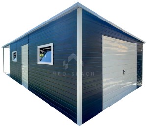Garaż blaszany 5x6 m + wiata 5x3 m - brama uchylna - drzwi - 3x okno - biały - czarny - dach spad w bok - rynna NB514