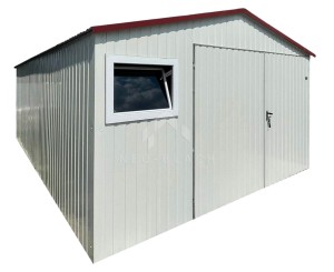 Garaż blaszany 5x6m - brama dwuskrzydłowa - 2x okno - biały - wiśnia - dach dwuspadowy NB515