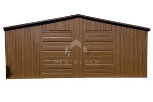 Garaż Blaszany 6x5m 2x Drzwi - Ciemny Orzech - drewnopodobny - rynny - dach Dwuspadowy NB153