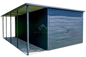 Garaż Blaszany 3x5m + wiata 1x5m - Brama Uchylna - Antracyt - Dach spad w tył NB203