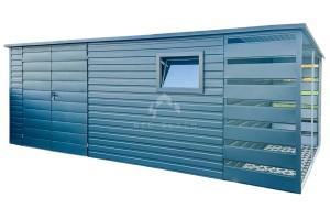 Schowek - Domek Ogrodowy 5x2m + Wiata 1m - Brama Dwuskrzydłowa - Okno - Antracyt - Dach spad w tył  NB209